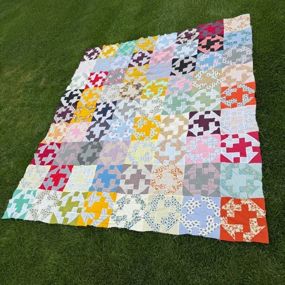 Rare Vintage Handmade Scrappy Patchwork Quilt Top Colorful Cotton Folk Art 92x82