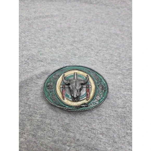 Rare 1981 Siskiyou Buffalo Skull Feathers Green Enamel Native Belt Buckle USA