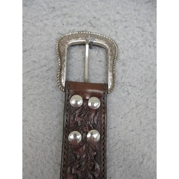 R.P. Megar Tooled Western Leather Belt Mens 32 Brown Silver Buckle Texas Cowboy