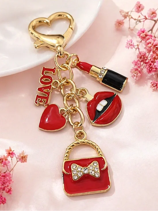 Keychain - Love Lipstick & Mini Purse Charm Red Gold