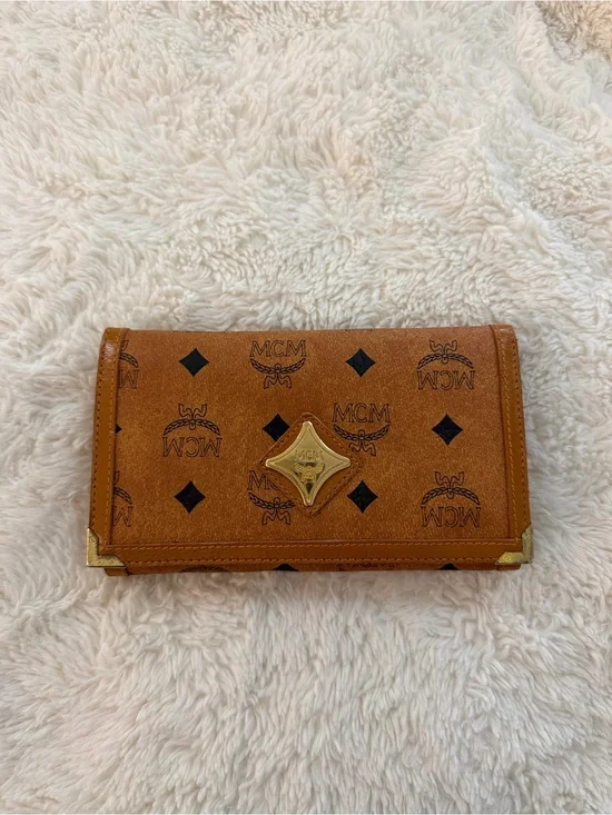 MCM Cognac Logo Card Wallet with Gold