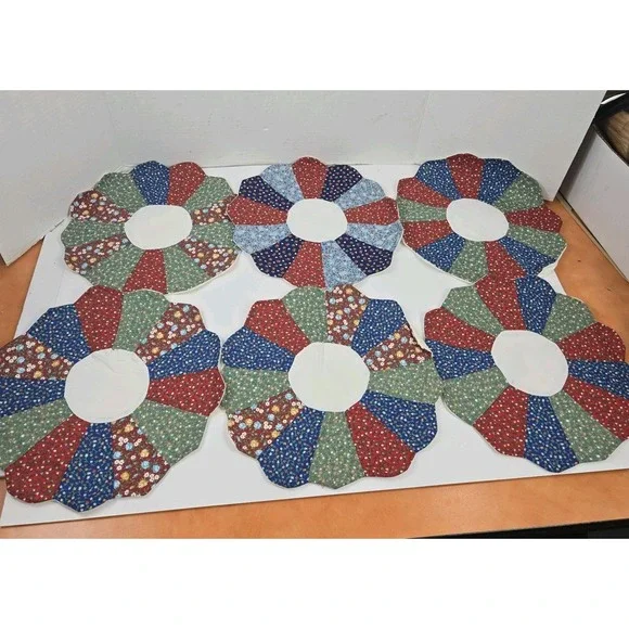 6 Hand Stitched Flower Quilt Fabric Pieces Pillow Covers with Plain Backs READ