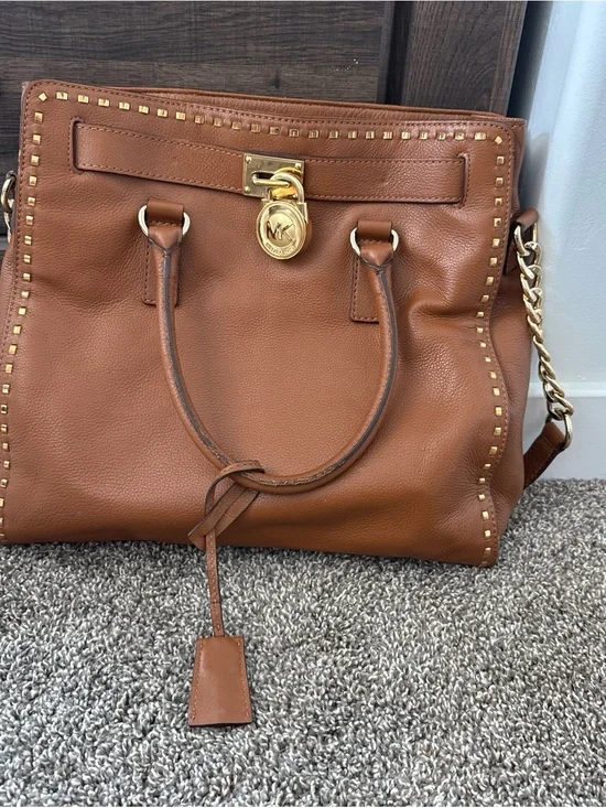 Michael Kors Cognac Leather Stud-Trim Tote with Gold-Tone Hardware