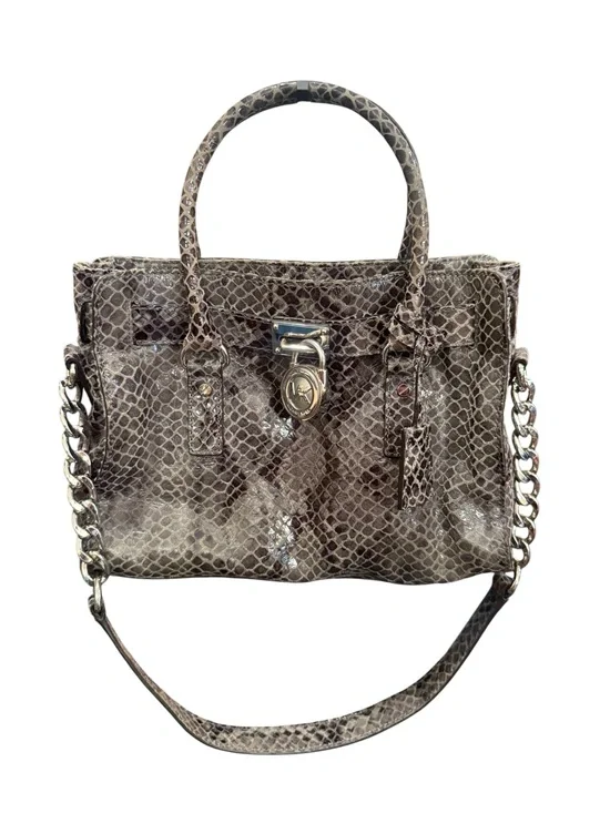 Michael Kors Snake-Embossed Hamilton Satchel in Brown and Cream