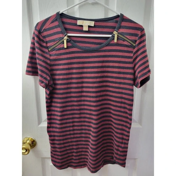 Michael Kors Women's Medium Short Sleeve Shirt Maroon Black Stripe Zippers EUC