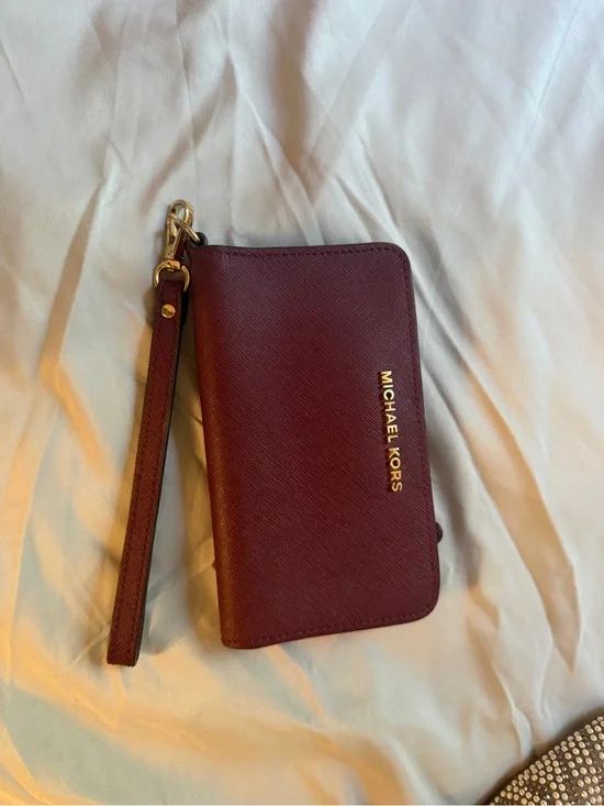 Michael Kors Maroon Leather Wristlet with Gold Logo