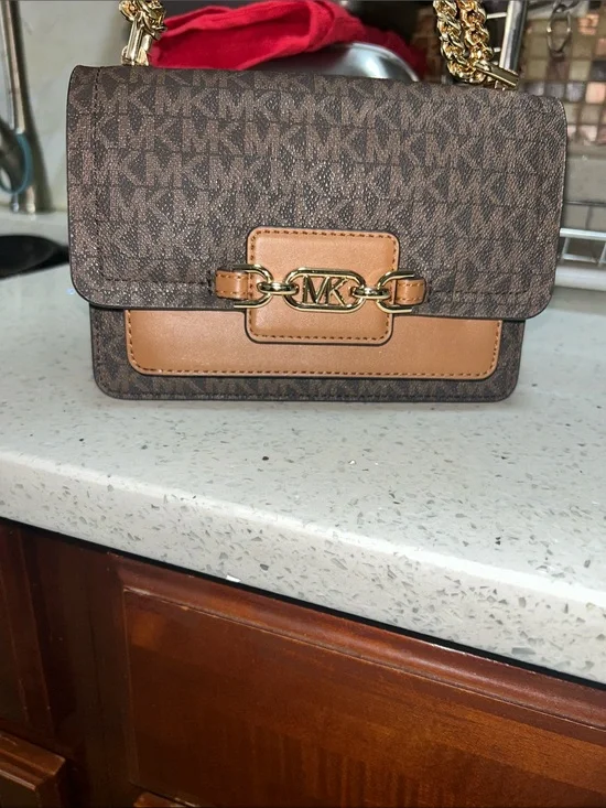 Like new Michael Kors Brown Logo Crossbody with Tan Leather and Gold Chain