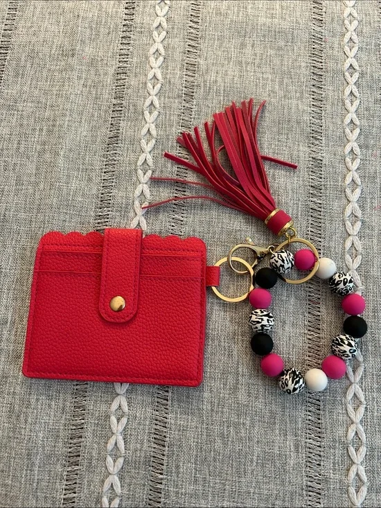 Pink Scallop Card Holder Wristlet Keychain
