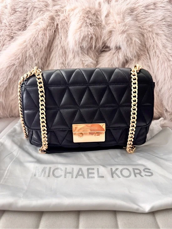 Michael Kors Sloan Black Quilted Leather Crossbody with Gold Chain