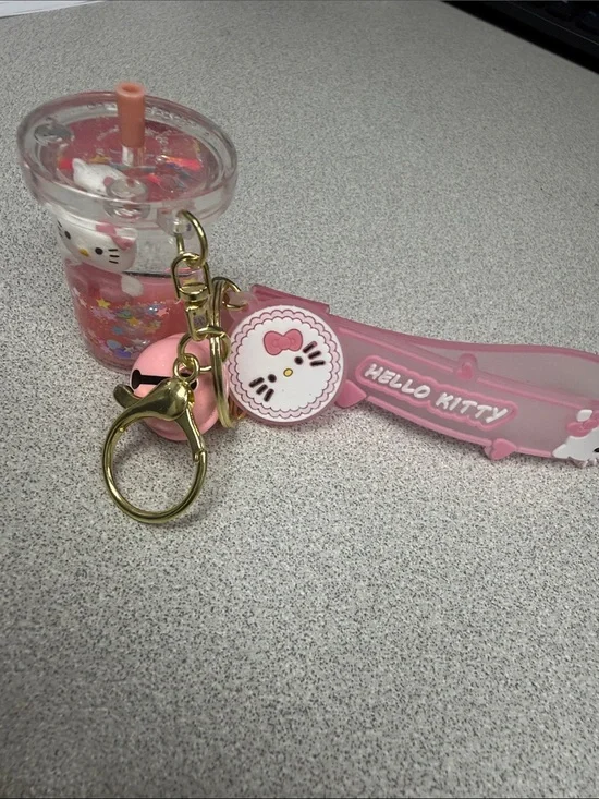 Hello Kitty Pink and Gold Charm Keychain with Cup and Tag