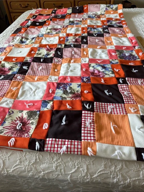 Handmade Patchwork Tied Quilt in Orange, Brown, Cream & Floral