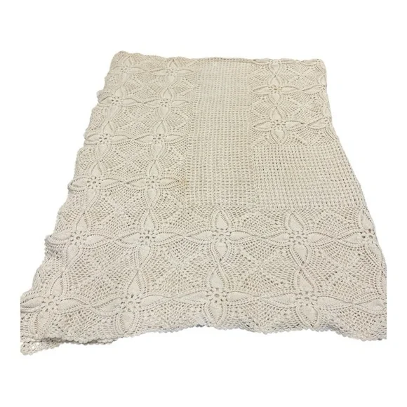 Vintage Hand Crochet & Lace Beige Off-White Bedspread Cottage SHABBY CHIC