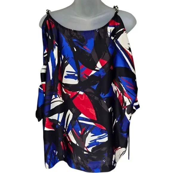 Michael Kors Abstract Print Cold Shoulder Blouse Chain Detail Sz Small