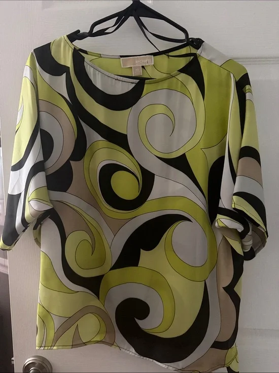 Michael Kors Lime, Black and Cream Swirl Short Sleeve Blouse