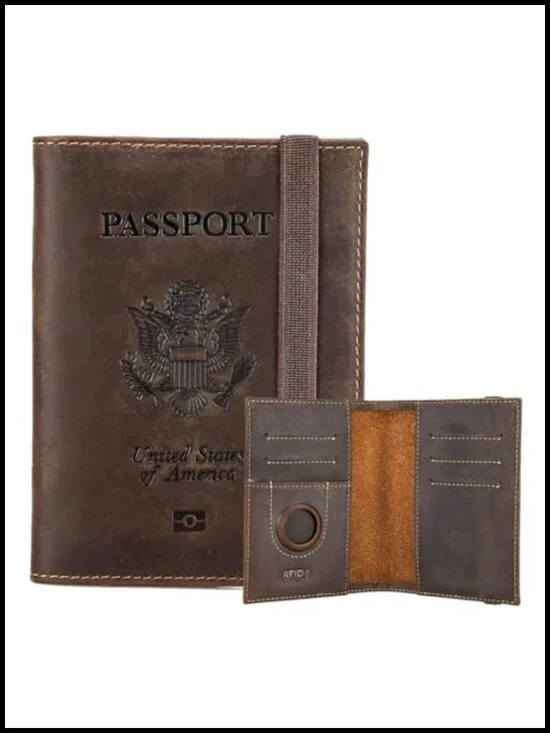 Full Grain Leather Passport Holder RFID Blocking Airtag Compatible Travel Wallet