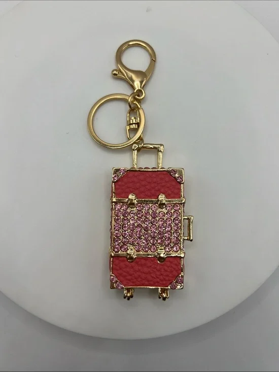 730. Gold-Tone Pink Crystal Luggage Charm Keychain
