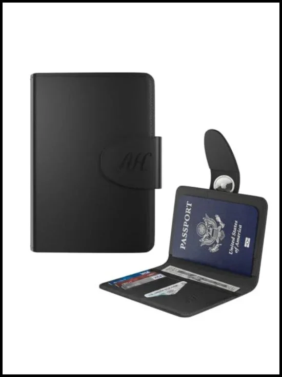 Genuine Leather Passport Holder with RFID Blocking and Hidden AirTag Slot