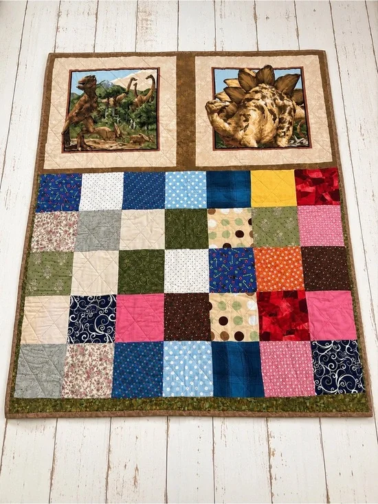 Handmade Reversible Dinosaur Baby Quilt Kids Patchwork Blanket 43x35