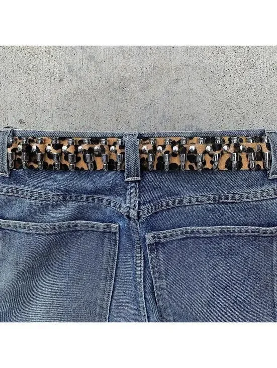 Cyber Bullet belt Cheetah Fur studded vintage y2k style. Cool grunge/punk look