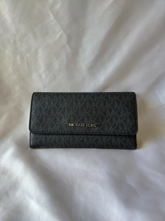Michael Kors Black Pebbled Leather Trifold Wallet with Gold Logo