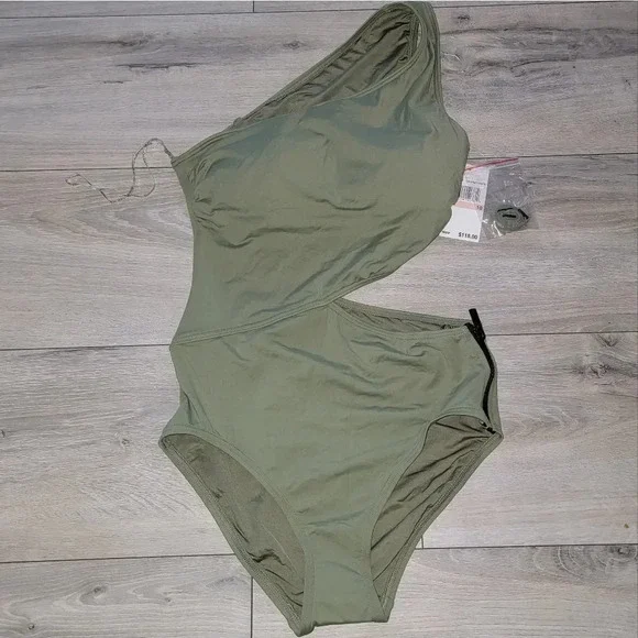 Michael Kors Women Green One-Shoulder Zipper Cutout One Piece Swimsuit Size 8