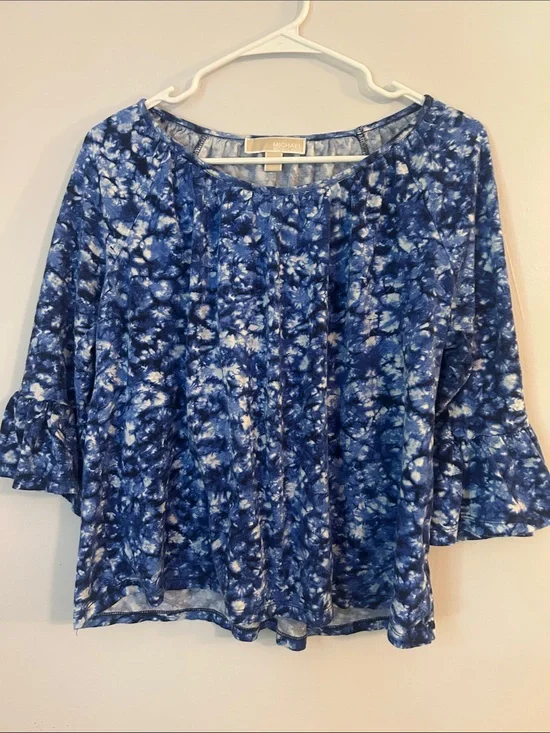 Michael Kors Blue Tie-Dye Ruffle-Sleeve Scoop Neck Blouse