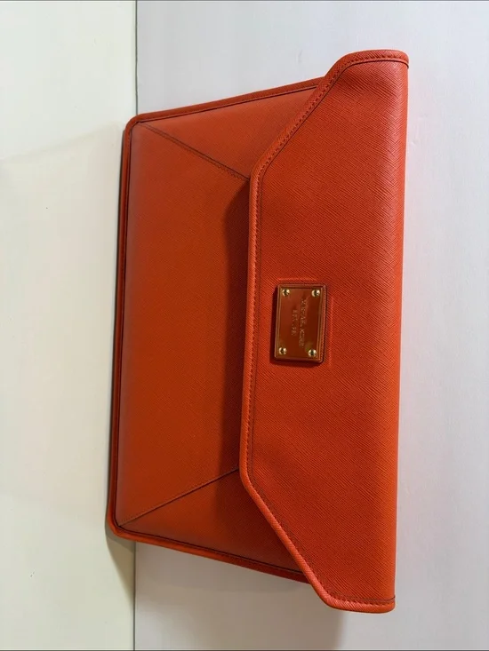 Michael Kors Orange Saffiano Laptop/IPad Case with Gold Plate Detail