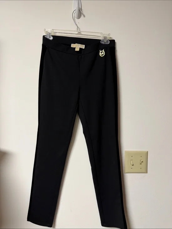 Michael Kors Black Ponte Slim Pull-On Pants with Gold MK Charm