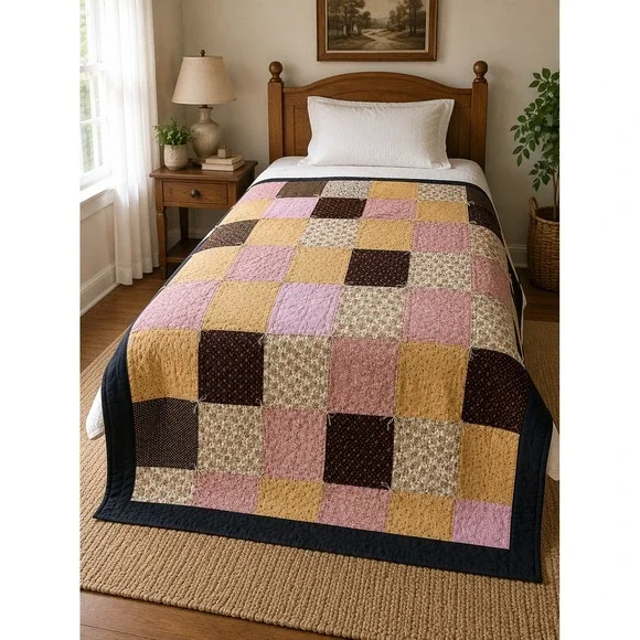 Vintage Twin Patchwork Quilt‎ 63x88 Hand Tied Cottage Farmhouse Quilt