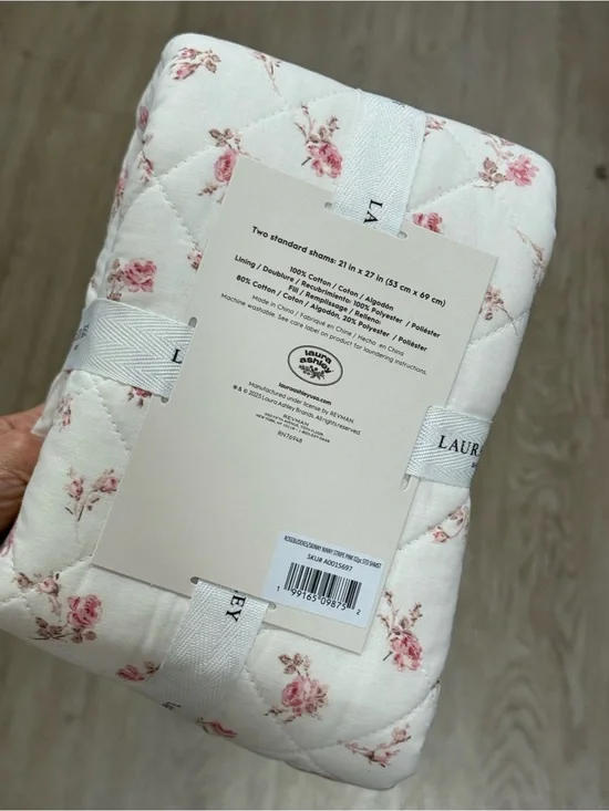 Laura Ashley Cream Quilted Pillow Sham with Pink Rose Sprigs
