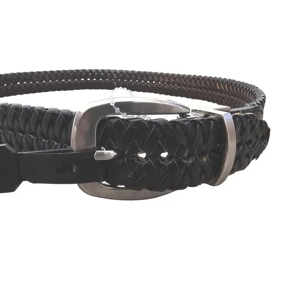 Mens Black‎ Braided Leather Belt Silver Buckle Woven Textured Strap Accessory