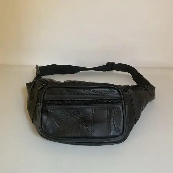 Vintage Genuine Leather Black Fanny Pack Waist Bag Multi Pocket Adjustable