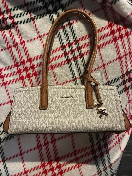 Michael Kors Cream Logo Shoulder Tote with Brown Trim