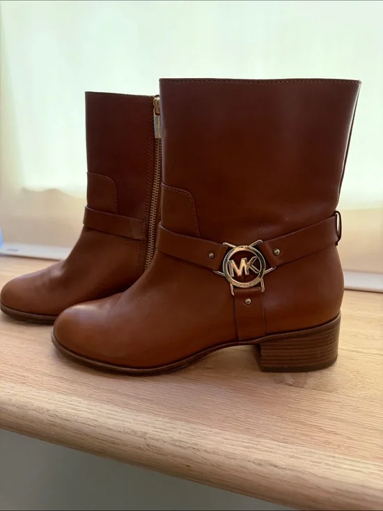 Michael Kors Tan Leather Mid-Calf Boots with Gold MK Medallion