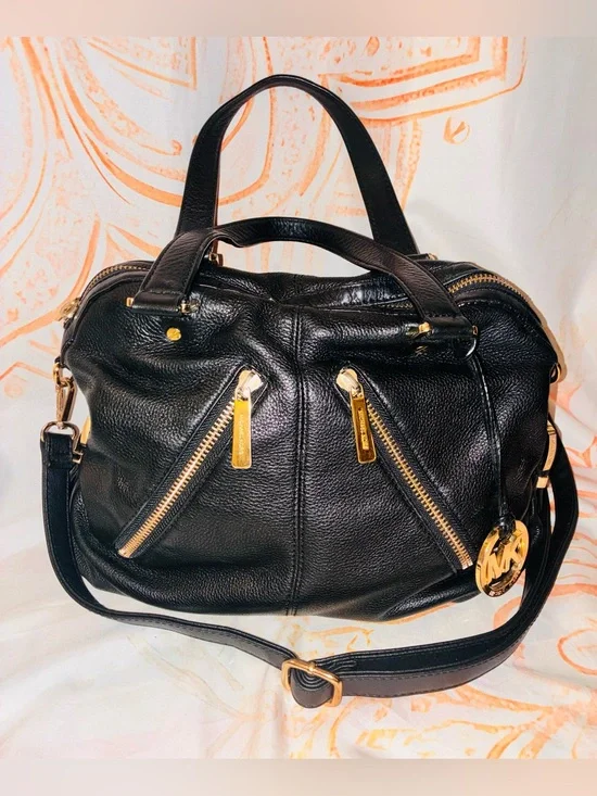 Michael Kors Black Leather Satchel/Crossover with Gold-Tone Accents