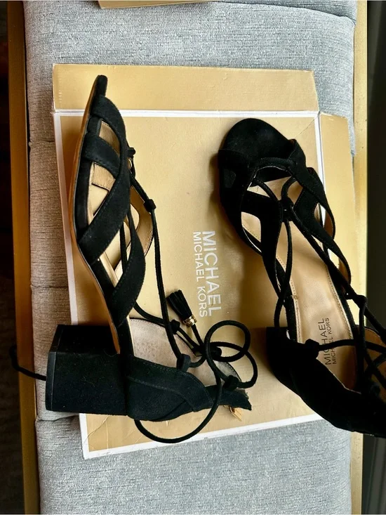 Michael Kors Black Suede Strappy Lace-Up Block Heels