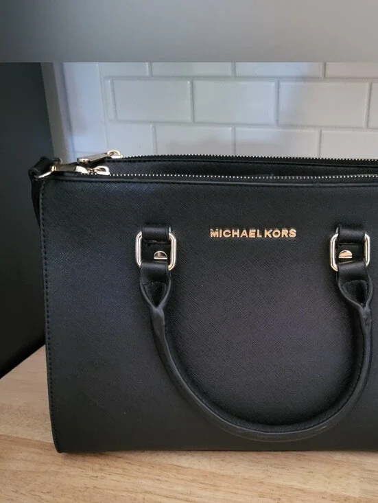 Michael Kors Black Leather Messenger Bag with Gold Hardware With Wallet