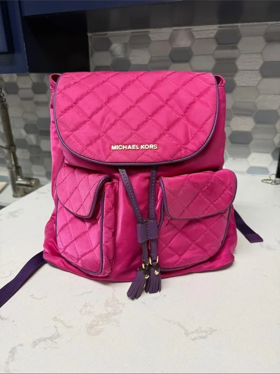Michael Kors Hot Pink Quilted Backpack with Purple Trim