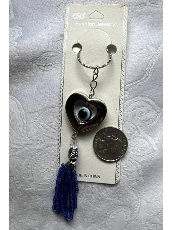 NEW Silvertone Blue Rolling Evil Eye Heart Keychain Protection Tassel Beads