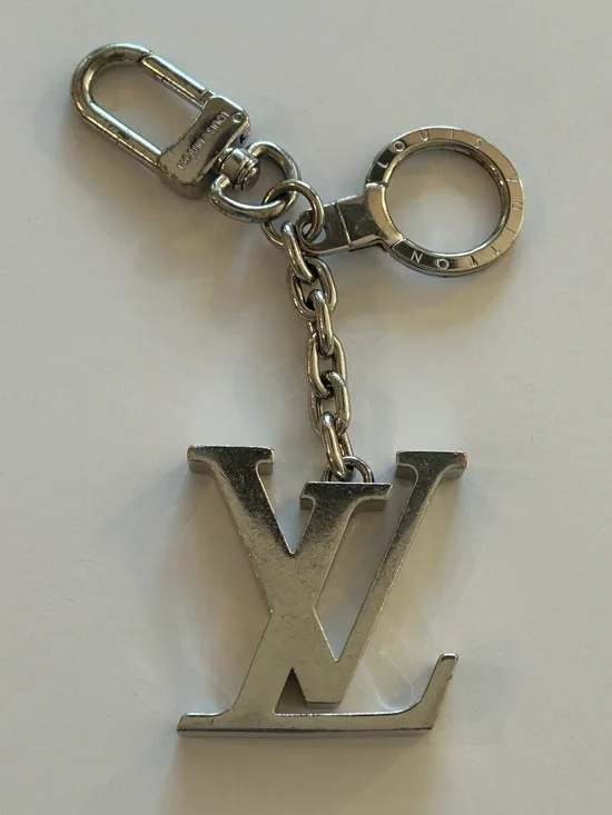 Louis Vuitton Silver Metal LV Logo Keyring Charm