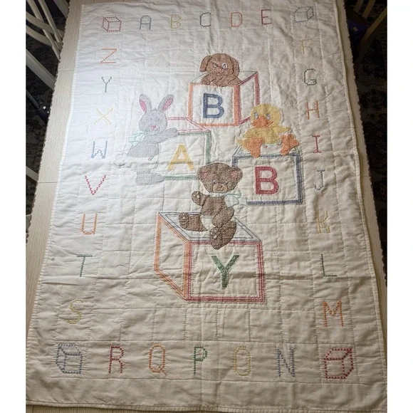 Jack Dempsey Completed Needle Art Cross Stitch Baby Blocks Crib Blanket 38