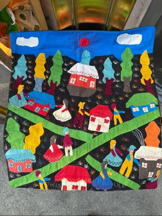 Handmade Peruvian Folk Art Appliqué Wall Hanging - Colorful Village Scene