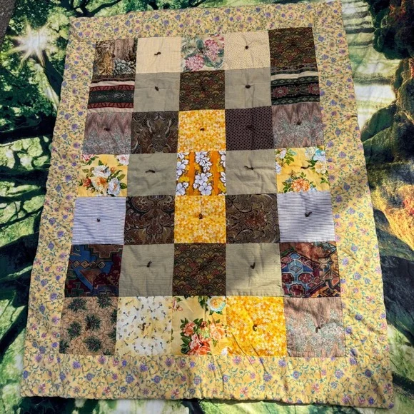 Handmade Patchwork Quilt 42x52 Yellow Floral Vintage Scrappy Tied Throw Blanket