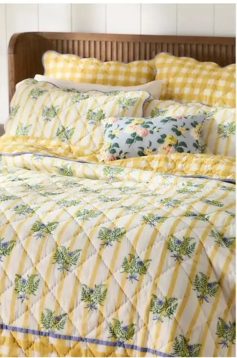 Anthropologie Iluka Cotton Printed Floral Quilt King Fern Gingham