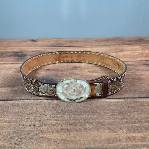 Hand Tooled Leather Belt Men 39 Brown Good Armadillo Mother of Pearl Buckle