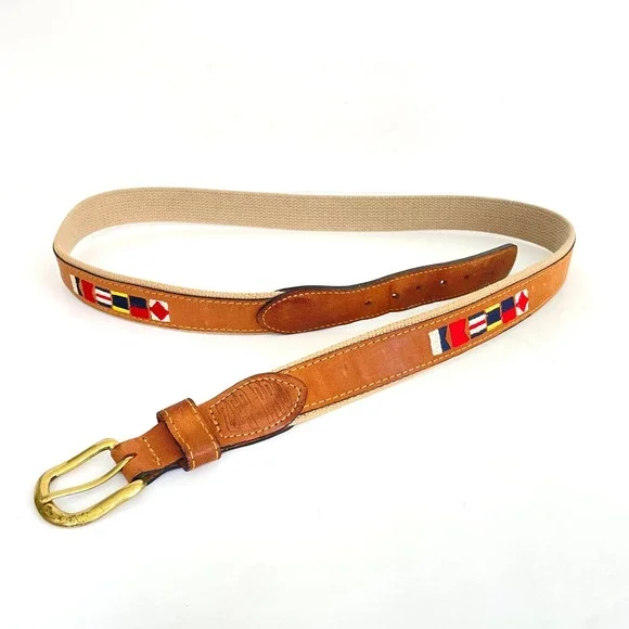 Zep-Pro Mens Nautical Signal Flag Leather Canvas Belt Brown Tan Size 46 USA Made