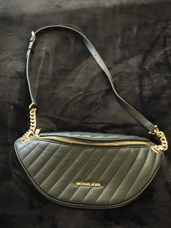Michael Kors Black Quilted Leather Crossbody Belt Bag with Gold Hardware