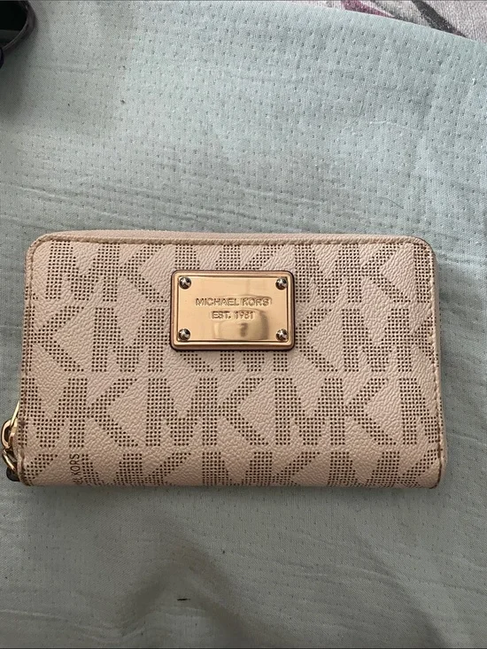 Michael Kors Tan Signature MK Zip-Around Wallet with Gold Plate