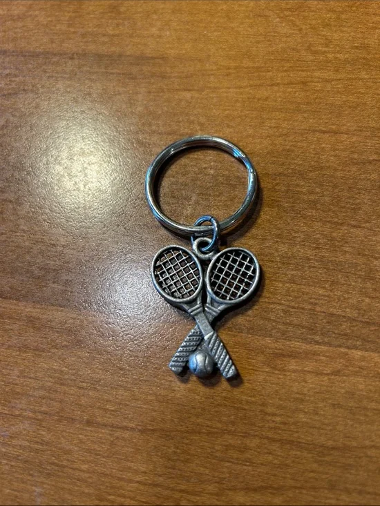 Tennis Racket Double Charm Keychain - Silver Tone