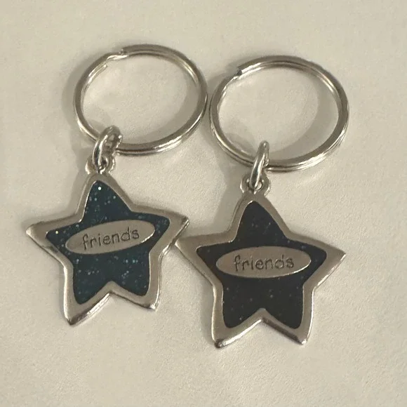 Friends Star Keychain Set Glitter Sparkle BFF Gift Blue‎ Silver Tone